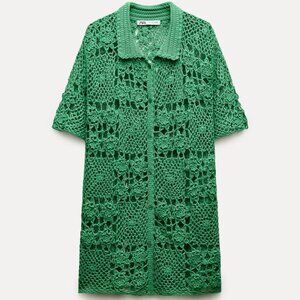 ZARA Green Crochet Knit Polo Short Sleeve Button Down Top Women's Size XS-Small